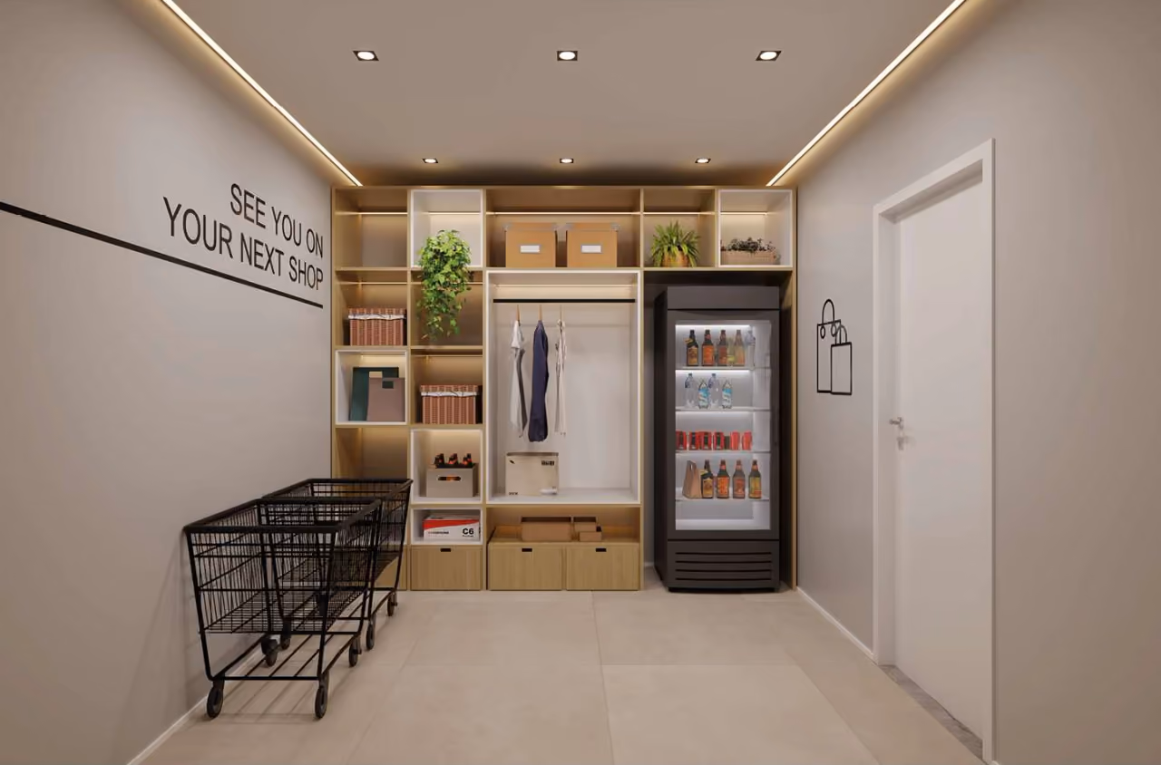 Perspectiva da sala de delivery com estante de nichos para encomendas, cabideiro, geladeira com porta de vidro e carrinhos de compras