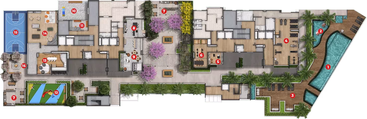 Implantação ilustrada do lazer vista de cima, com quadra, salão de jogos, brinquedoteca, playground, praça com lareira, jardim central com ipês, salões, coworking, academia e as piscinas com deck, com os espaços numerados de 01 a 16