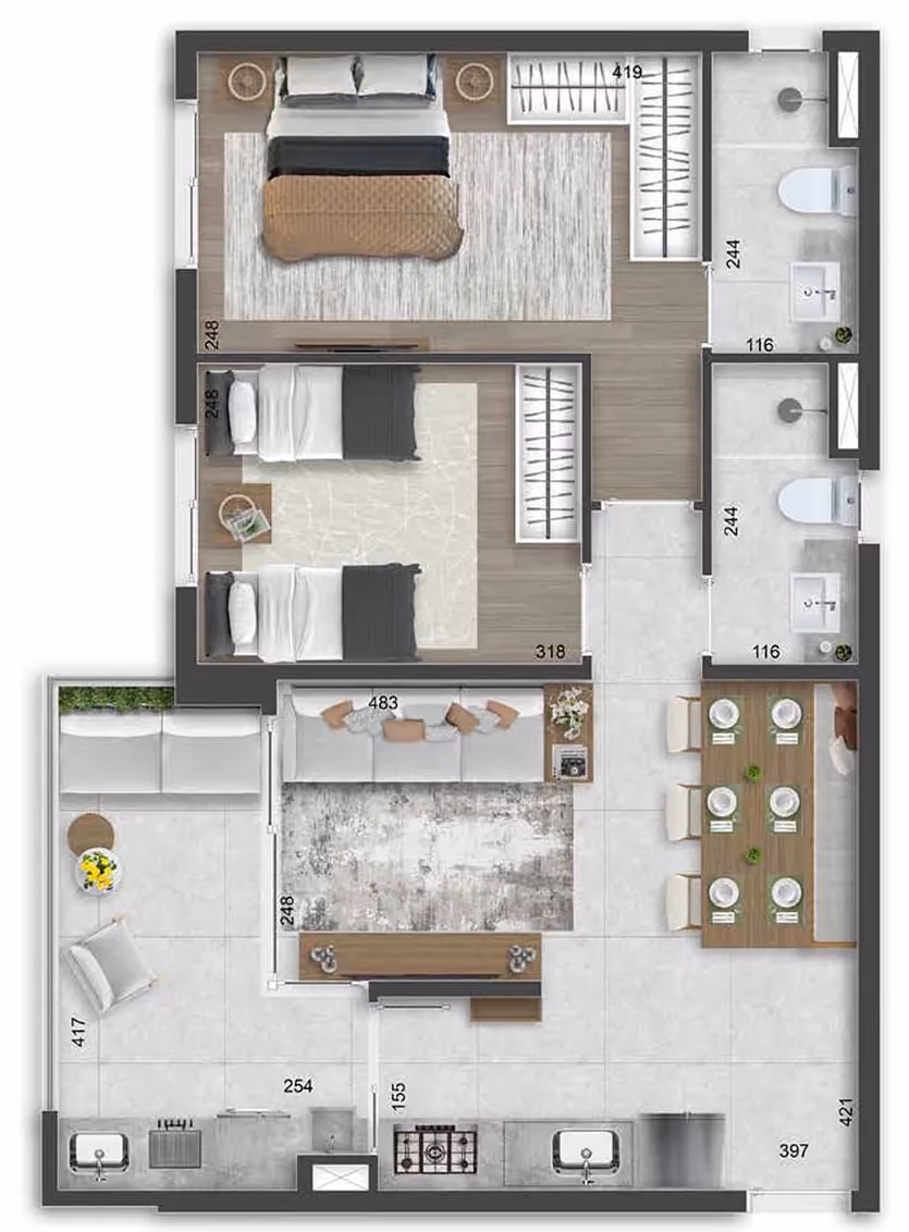 Planta ilustrada do apartamento de 63 m² vista de cima, com suíte de casal, segundo dormitório com duas camas de solteiro, dois banheiros, sala de estar e jantar integradas, cozinha linear e varanda