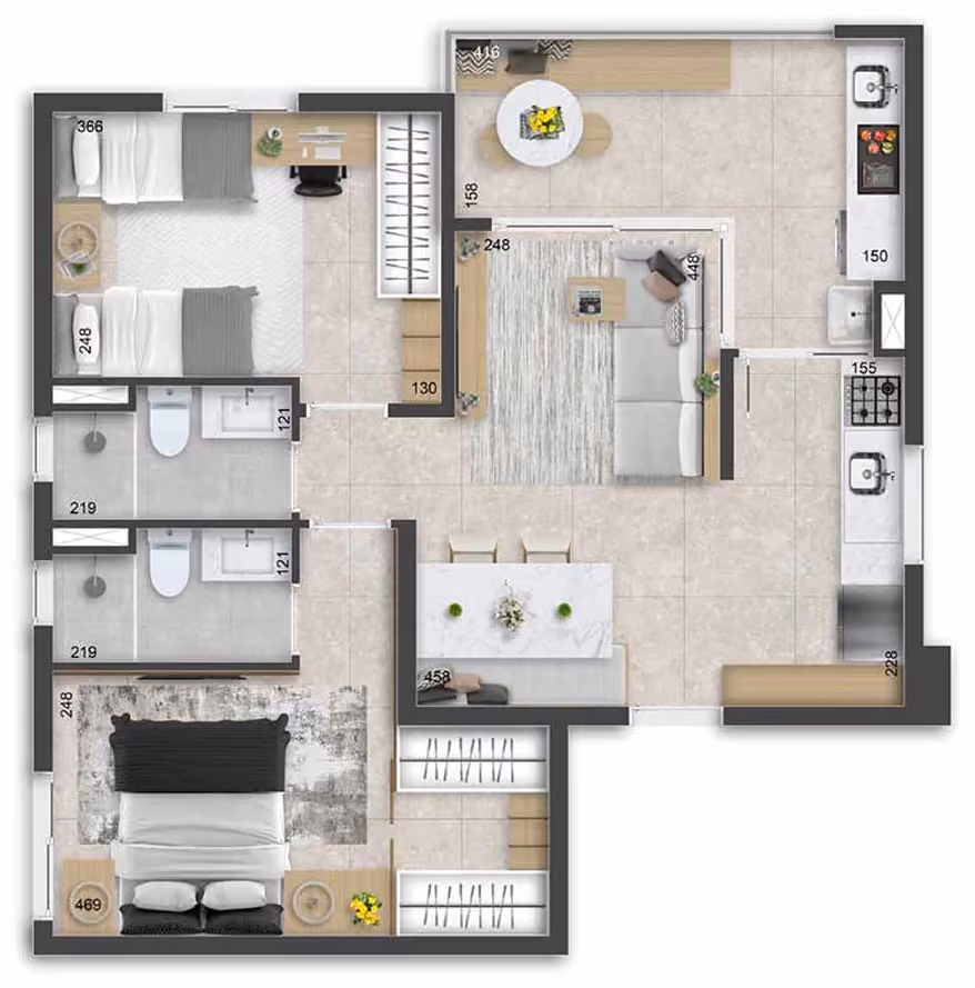 Planta ilustrada do apartamento de 64 m² vista de cima: dormitório com duas camas de solteiro, dois banheiros, suíte de casal com closet, sala de estar e jantar integradas, cozinha e varanda com mesa redonda