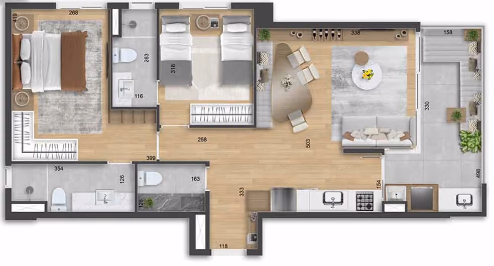 Planta ilustrada do apartamento de 78 m² vista de cima, com duas suítes, lavabo, sala de estar e jantar integradas, cozinha linear e varanda ampla com floreiras