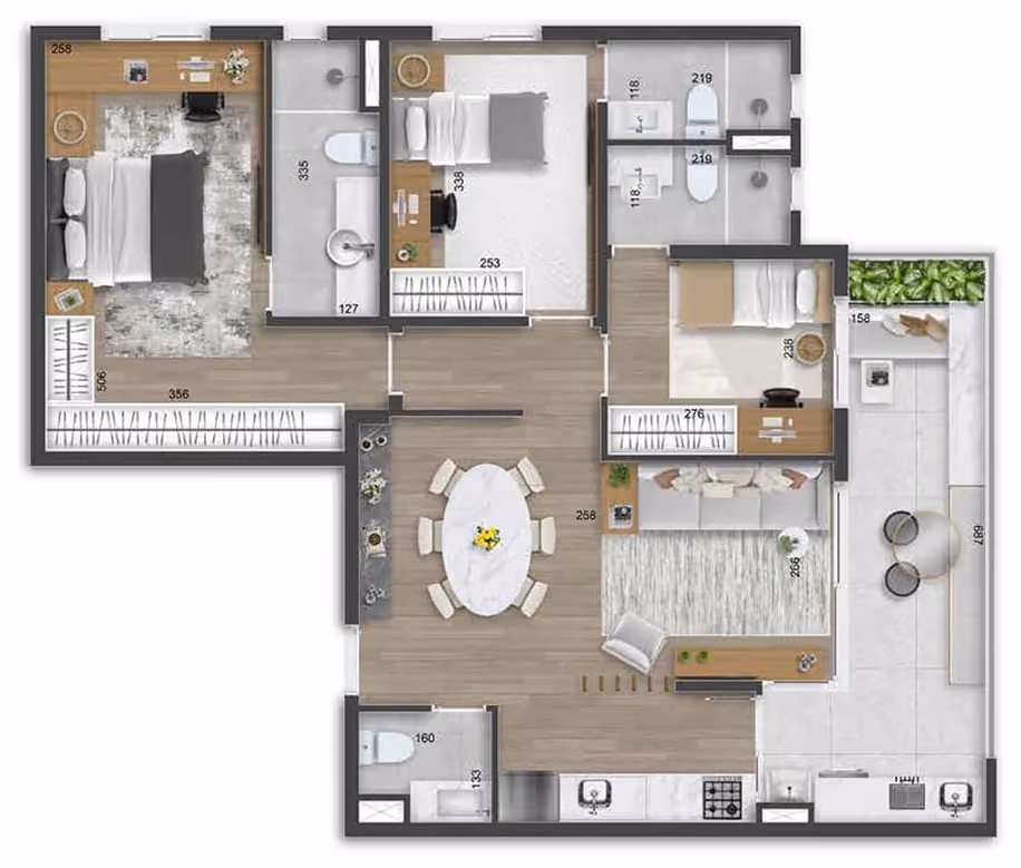 Planta ilustrada do apartamento de 94 m² vista de cima, com três suítes, lavabo, sala de estar e jantar integradas, cozinha e varanda ampla
