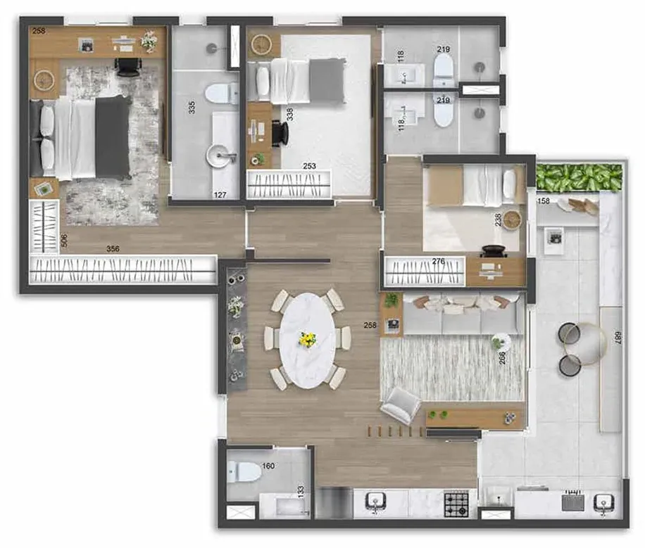 Planta ilustrada do apartamento de 94 m² vista de cima, com três suítes, lavabo, sala de estar e jantar integradas, cozinha e varanda ampla